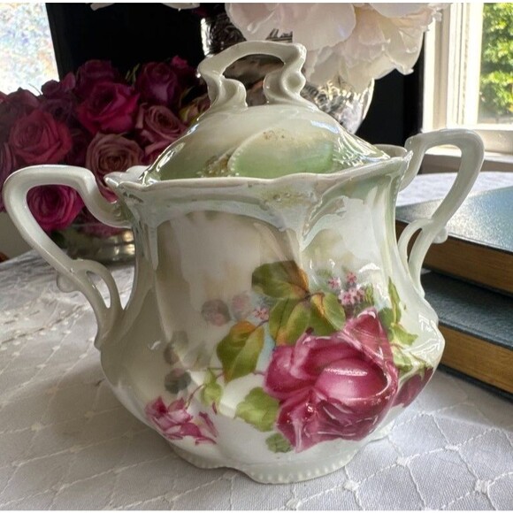 Unmarked Other - Antique Hand Painted Rose Porcelain Covered Sugar Bowl Art Nouveau Footed